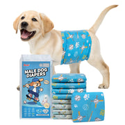 Labrador wearing Dono widened male dog wrap diaper Small size in baseball print pattern, with blue product packaging 20-count and stacked diapers showing both baseball and gaming controller print designs, on white background