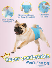 Pug walking comfortably wearing Dono female dog diaper in blue denim pattern, with 3 feature callouts: extra stretchy waistband, underpant design for easy on and off, and adjustable tail hole, captioned 