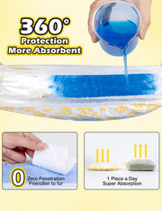 Dono pull-up dog diaper absorption test showing blue liquid poured into diaper core, with close-ups demonstrating zero penetration friendlier to fur and 1 piece a day super absorption capacity