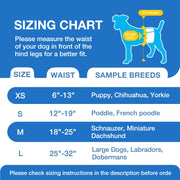 Dono's Diary male dog diaper sizing chart: measure waist in front of hind legs; XS 6