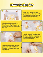 Dono pull-up female dog diaper 4-step usage guide: step 1 spread waistband open, step 2 slip through hind legs and push tail out of hole, step 3 adjust leak-proof edges for comfort, step 4 tear both sides of waist to remove