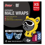 Dono x DS'Diary Disposable Male Wraps XS packaging, 48 wraps waist 6–13 inches, features Super Absorption, Leak Proof, Comfortable and Breathable, 1 Pack 2 Fashionable Designs (blue denim and grey camouflage), with yellow DS mascot character in hoodie, on black background