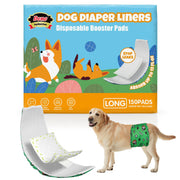 Dono Dog Diaper Liners Disposable Booster Pads Long size 150-count packaging with Corgi cartoon illustration, absorbs up to 12 fl oz, stop leaks badge, single pad shown with bone print adhesive strip, Golden Retriever wearing green mushroom-print male wrap diaper with liner insert, on white background