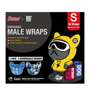 Dono x DS'Diary Disposable Male Wraps S packaging, 48 wraps waist 12–19 inches, features Super Absorption, Leak Proof, Comfortable and Breathable, 1 Pack 2 Fashionable Designs (blue denim and grey camouflage), with yellow DS mascot character in hoodie, on black background