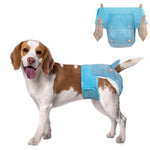 Beagle wearing Dono disposable female dog diaper in blue denim pattern, with inset showing hands holding the diaper open to display elastic waistband and tail hole, on white background