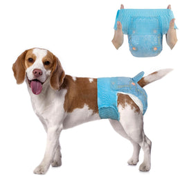 Beagle wearing Dono disposable female dog diaper in blue denim pattern, with inset showing hands holding the diaper open to display elastic waistband and tail hole, on white background