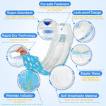 Dono widened male dog wrap diaper feature callout infographic showing 6 key features: fur-safe fasteners, super-absorbent 30% wider pad, leak-proof dual layer barrier, rapid-dry technology with imported polymer, elastic waist for comfortable fit, wetness indicator, and soft breathable material, on blue background