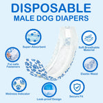 Dono's Diary Disposable Male Dog Diapers feature infographic: blue paw-print diaper shown open with 7 feature callout badges — Super-Absorbent (SAP gel bead closeup), Fur-Safe Fasteners (velcro tab closeup), Wetness Indicator (indicator strip closeup), Soft Breathable Material, Elastic Waist (waistband closeup), Leak-proof Design (barrier closeup), Secure Fit (shield icon), on light blue background
