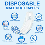 Dono's Diary Disposable Male Dog Diapers feature infographic: blue paw-print diaper shown open with 7 feature callout badges — Super-Absorbent (SAP gel bead closeup), Fur-Safe Fasteners (velcro tab closeup), Wetness Indicator (indicator strip closeup), Soft Breathable Material, Elastic Waist (waistband closeup), Leak-proof Design (barrier closeup), Secure Fit (shield icon), on light blue background