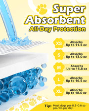Dono pull-up dog diaper super absorbent core infographic showing absorption capacity by size: XS 11.5oz, S 13.0oz, M 15.8oz, L 16.5oz, XL 18.0oz, with SAP gel beads and all-day protection claim