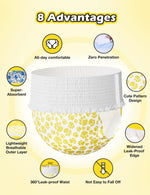 Dono pull-up female dog diaper in yellow paw print pattern showing 8 advantages: all-day comfortable, zero penetration, super-absorbent, cute pattern design, lightweight breathable outer layer, widened leak-proof edge, 360° leak-proof waist, and not easy to fall off