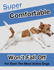 Jack Russell Terrier running and leaping while wearing Dono disposable male dog wrap diaper in yellow pet-icon print, captioned 