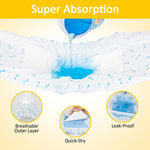 Dono male dog wrap diaper super absorption test showing blue liquid poured into bone print diaper core, with close-ups demonstrating breathable outer layer, quick-dry multi-layer structure, and leak-proof performance