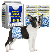 Black-and-white Boston Terrier wearing Dono's Diary disposable male dog diaper in blue paw-print pattern, front-facing side view looking at camera; Dono's Diary Disposable Male Dog Diapers S packaging (blue dog silhouette with bow tie, 