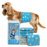 Cocker Spaniel wearing Dono widened male dog wrap diaper Medium size in baseball print pattern, with blue product packaging 40-count and stacked diapers showing both baseball and gaming controller print designs, on white background