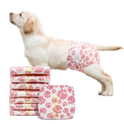 Golden Retriever standing on hind legs wearing Dono disposable pull-up female dog diaper in pink paw-print pattern, side view, with stack of folded diapers showing yellow wetness indicator lines, on white background