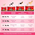 Dono Disposable Female Dog Diapers size chart: XXS (7–11in / 18–30cm, 1.1–4.4lbs, Tiny Teacup Poodle), XS (8–14in / 20–36cm, 4.4–8.8lbs, Puppies Toy Breeds), S (9.8–15.7in / 25–40cm, 8.8–13.2lbs, Pekingese Shih Tzu), M (11–17in / 28–43cm, 11–18lbs, Cocker Spaniel Schnauzer); dog photos wearing diapers above each size's red packaging, on pink background