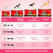 Dono Disposable Female Dog Diapers size chart: XXS (7–11in / 18–30cm, 1.1–4.4lbs, Tiny Teacup Poodle), XS (8–14in / 20–36cm, 4.4–8.8lbs, Puppies Toy Breeds), S (9.8–15.7in / 25–40cm, 8.8–13.2lbs, Pekingese Shih Tzu), M (11–17in / 28–43cm, 11–18lbs, Cocker Spaniel Schnauzer); dog photos wearing diapers above each size's red packaging, on pink background