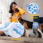 Tricolor Beagle wearing Dono's Diary male dog diaper in blue paw-print pattern sitting with smiling woman in yellow sweater holding coffee mug indoors; two feature callouts — Wetness Indicator (Dry vs Wet color-change diagram) and Leakproof Double Layer Leakproof Design (1.2in barrier cross-section closeup), on lifestyle home background