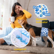 Tricolor Beagle wearing Dono's Diary male dog diaper in blue paw-print pattern sitting with smiling woman in yellow sweater holding coffee mug indoors; two feature callouts — Wetness Indicator (Dry vs Wet color-change diagram) and Leakproof Double Layer Leakproof Design (1.2in barrier cross-section closeup), on lifestyle home background