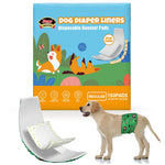 Dono Dog Diaper Liners Disposable Booster Pads Regular size 150-count packaging with Corgi cartoon illustration, absorbs up to 10 fl oz, stop leaks badge, single pad shown with bone print adhesive strip, Labrador wearing green mushroom-print male wrap diaper with liner insert, on white background