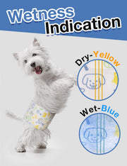 West Highland White Terrier standing on hind legs wearing Dono male dog wrap diaper in yellow pet-icon print, 