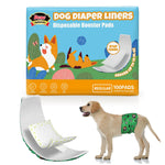 Dono Dog Diaper Liners Disposable Booster Pads Regular size 100-count packaging with female Corgi cartoon illustration, absorbs up to 10 fl oz, stop leaks badge, single pad shown with bone print adhesive strip, Labrador puppy wearing green mushroom-print male wrap diaper with liner insert, on white background