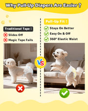 Comparison infographic showing traditional tape dog diaper sliding off a Bichon Frise vs Dono pull-up dog diaper staying secure while dog jumps, highlighting stays on better, easy on and off, and 360° elastic waist