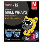 Dono x DS'Diary Disposable Male Wraps M packaging, 48 wraps waist 18–25 inches, features Super Absorption, Leak Proof, Comfortable and Breathable, 1 Pack 2 Fashionable Designs (blue denim and grey camouflage), with yellow DS mascot character in hoodie, on black background