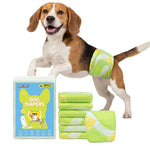 Beagle wearing Dono's Diary disposable male dog wrap diaper in green tennis ball print, with blue 60-count Medium size packaging and stack of folded diapers, on white background