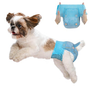 Shih Tzu jumping and wearing Dono disposable female dog diaper in blue denim pattern, Small size, with inset showing hands stretching open the diaper to display elastic waistband and tail hole, on white background