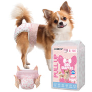 Fawn Chihuahua wearing Dono's Diary Pull Up female dog diaper in pink floral print, side view smiling at camera; hands stretching open pink floral pull-up diaper showing elastic waistband; Dono's Diary Pull Up Dog Diapers S 10pcs packaging, on white background