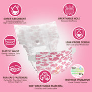 Dono disposable pull-up female dog diaper feature callout infographic showing 7 key features: Super-Absorbent with Instant Absorption and High-Capacity Polymer Lock, Breathable Hole for Reduced Stuffiness, Elastic Waist for Gentle Embrace Zero Restriction, Leak-Proof Design with 360° protection, Fur-Safe Fasteners, Soft Breathable Material, and Wetness Indicator, with pink paw-print diaper open view, on pink background