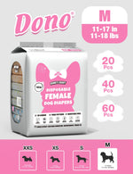 Dono's Diary Disposable Female Dog Diapers M size packaging, waist 11–17in, 11–18lbs, available in 20/40/60 pcs, features No Leakage, Three Patterns, Adjustable Hole; size chart showing XXS/XS/S/M silhouettes with weight and waist ranges, on light grey background
