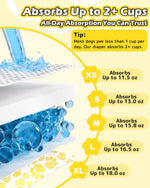 Dono pull-up dog diaper absorption capacity infographic showing SAP gel core absorbs up to 2+ cups all day, with size breakdown: XS 11.5oz, S 13.0oz, M 15.8oz, L 16.5oz, XL 18.0oz