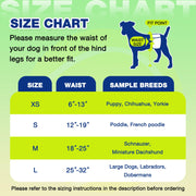 Dono's Diary male dog wrap diaper size chart: XS waist 6–13in for Puppy/Chihuahua/Yorkie, S waist 12–19in for Poodle/French Poodle, M waist 18–25in for Schnauzer/Miniature Dachshund, L waist 25–32in for Large Dogs/Labradors/Dobermans, with dog silhouette showing waist measurement point, on green background