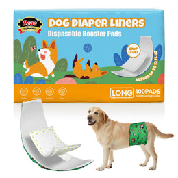 Dono Dog Diaper Liners Disposable Booster Pads Long size 100-count packaging with Corgi cartoon illustration, absorbs up to 12 fl oz, stop leaks badge, single pad shown curved with bone print adhesive strip, Golden Retriever wearing green paw-print diaper with liner insert, on white background