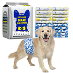 Golden Retriever wearing Dono's Diary disposable male dog diaper in blue paw-print pattern, side view smiling at camera; Dono's Diary Disposable Male Dog Diapers L packaging (blue dog silhouette with bow tie, 