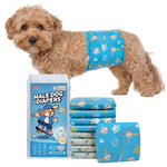 Goldendoodle wearing Dono widened male dog wrap diaper XS size in baseball print pattern, with blue product packaging 40-count and stacked diapers showing both baseball and gaming controller print designs, on white background
