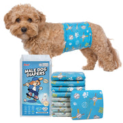 Goldendoodle wearing Dono widened male dog wrap diaper XS size in baseball print pattern, with blue product packaging 40-count and stacked diapers showing both baseball and gaming controller print designs, on white background
