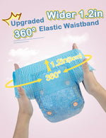 Dono female dog diaper in blue denim pattern held by two hands highlighting upgraded wider 1.2in (3cm) 360° elastic waistband feature, on pink background