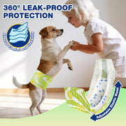 Jack Russell Terrier standing on hind legs playing with young girl wearing Dono's Diary male dog wrap diaper in green tennis ball print, 