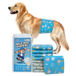 Golden Retriever wearing Dono widened male dog wrap diaper in baseball print pattern, Large size 20-count, with blue product packaging featuring cartoon dog mascot, stacked diapers and single diaper displayed on white background, captioned 