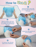 Dono female dog diaper 4-step how-to-use guide on a white fluffy dog: step 1 hold diaper open with tail hole facing up, step 2 slide over pet's legs and pull up guiding tail through hole, step 3 adjust leak guards for comfort, step 4 remove by tearing off both sides at waistband
