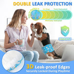 Beagle wearing Dono widened male dog wrap diaper in baseball print sitting on sofa with smiling woman, 