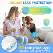 Beagle wearing Dono widened male dog wrap diaper in baseball print sitting on sofa with smiling woman, 