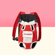 DONOYOYO pet carrier backpack in red and white, front view showing padded leg holes, quick-release buckles, adjustable shoulder straps, and branded front pocket