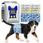 Greater Swiss Mountain Dog puppy wearing Dono's Diary disposable male dog diaper in blue paw-print pattern, side view looking at camera; Dono's Diary Disposable Male Dog Diapers M packaging (blue dog silhouette with bow tie, 