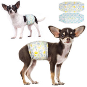 Two Chihuahuas wearing Dono disposable male dog wrap diapers — black-and-white Chihuahua in teal pet-icon print and brown-and-black Chihuahua in yellow pet-icon print — with both diaper designs shown flat, on white background