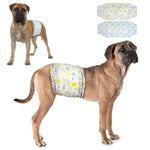 Large Bullmastiff wearing Dono disposable male dog wrap diaper in yellow pet-icon print, front and side view, with both diaper designs shown flat — yellow pet-icon print and teal pet-icon print — on white background